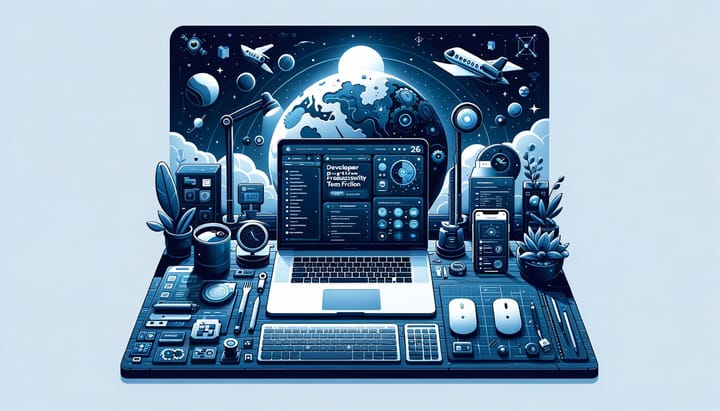 A diverse team of developers collaborating at a modern workspace, utilizing productivity tools to enhance efficiency and reduce friction.